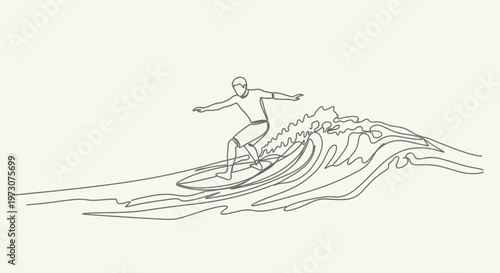 Minimalist line drawing of a surfer riding a wave with arms outstretched