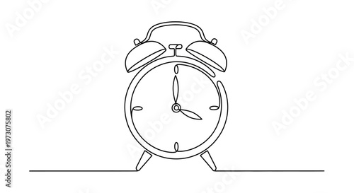 A minimalist one-line drawing of a classic alarm clock on a white background