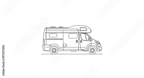 Detailed line drawing of a camper van with living space and cab