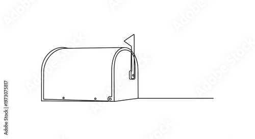 A minimalist black outline drawing of a curbside mailbox with its flag raised