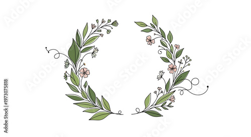 Delicate green leaves and pink flowers form a circular border with swirling vine accents