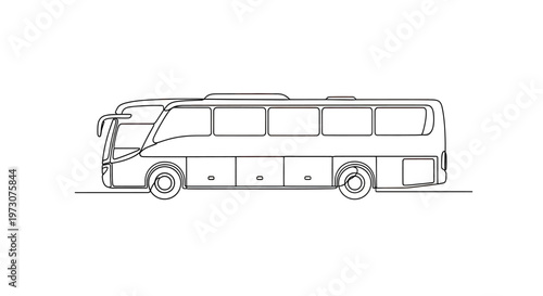 Side view line art of a long coach bus with multiple windows and storage compartments