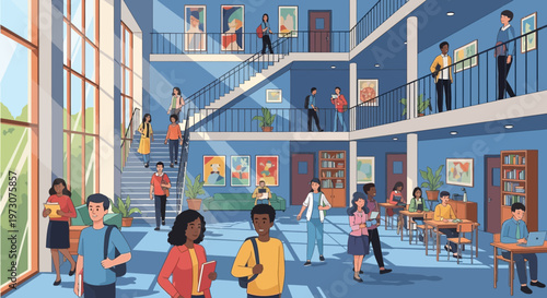 Diverse students in a modern university atrium with artwork and study areas