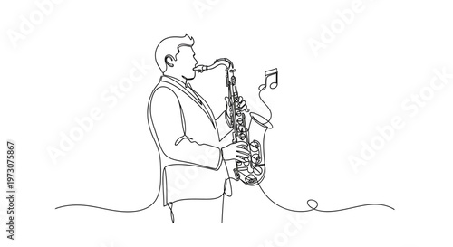 A minimalist black and white line drawing of a man playing a saxophone