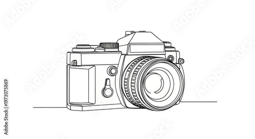 Simple line drawing of a vintage film camera with lens