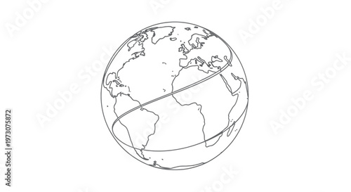 Stylized line drawing of a globe showing continents and circling orbital paths