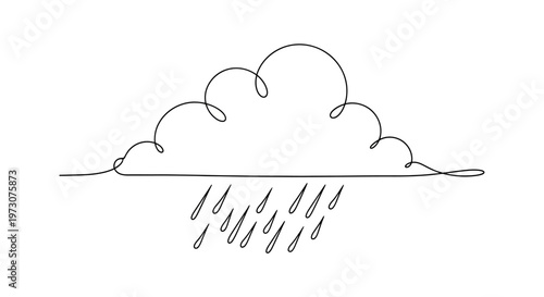 A minimalist single-line drawing depicts a cloud raining streaks of water