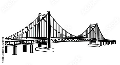 Bold black line drawing of a suspension bridge with two towers and curving cables