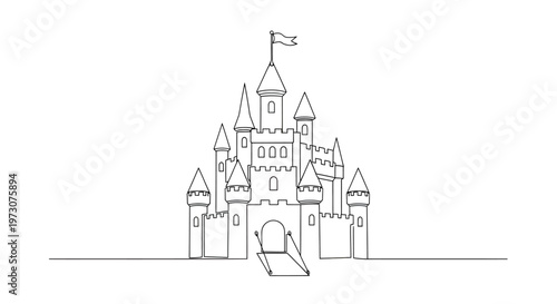 A minimalist line drawing of a fairytale castle with multiple towers and a flag