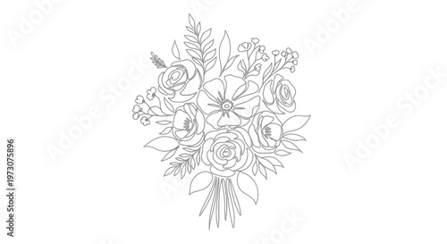 Delicate line art bouquet featuring roses and various floral elements