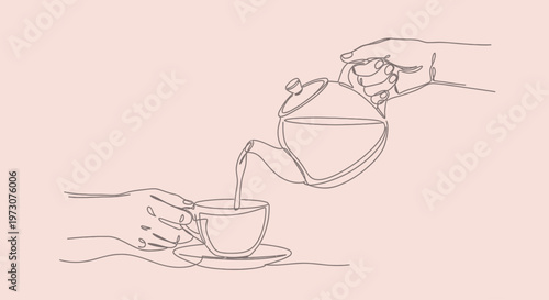A single line drawing of a hand pouring tea from a teapot into a cup