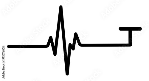 A stark black electrocardiogram waveform with a sharp spike on a white background