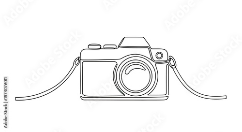A minimalist black and white outline drawing of a vintage camera with a strap