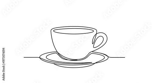 Minimalist black line drawing of a coffee cup and saucer