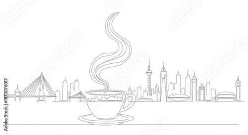 A steaming coffee cup sits before a minimalist city skyline