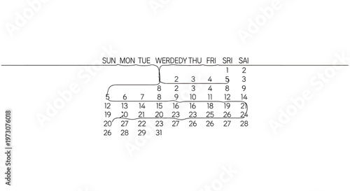 A sketched monthly calendar with days labeled SUN, MON, TUE, WED, THU, FRI, SRI, SAI