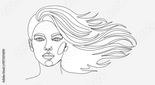 Abstract portrait of a woman with flowing hair drawn with a single continuous line