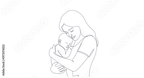 Tender line drawing of a mother holding her sleeping baby close