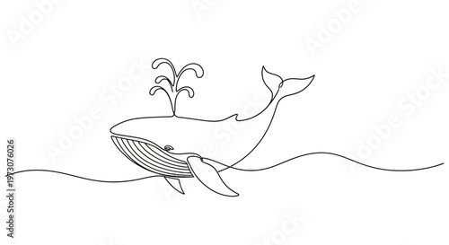 Minimalist continuous line drawing of a whale spouting water in the ocean