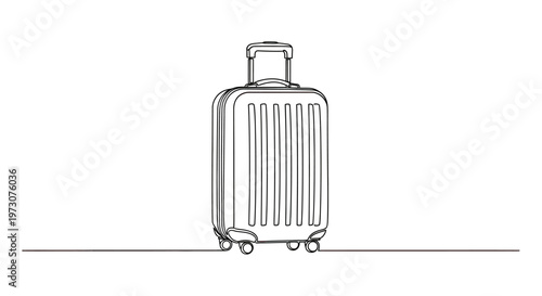 Minimalist drawing of a wheeled suitcase with a telescopic handle on a line