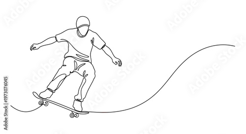 A minimalist line drawing shows a skateboarder in motion
