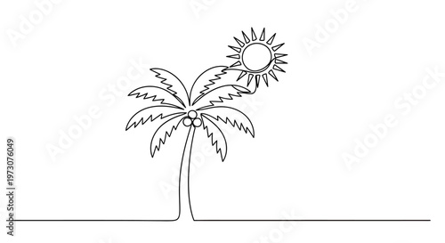 Single line drawing of a palm tree with coconuts under a bright sun