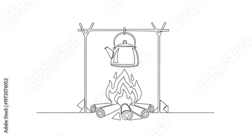 A simple line drawing of a campfire with a pot suspended over it