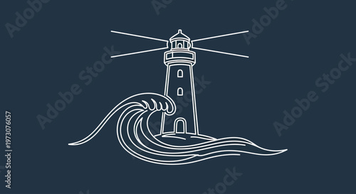 Minimalist white lighthouse with radiating beams, perched atop a stylized wave