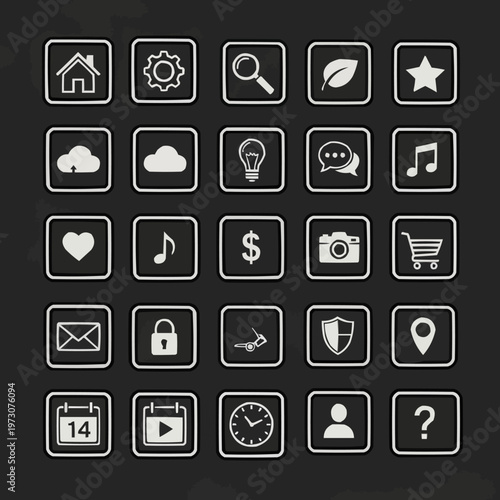 Minimalist vector graphic icon set displaying essential digital navigation symbols for modern website interface design