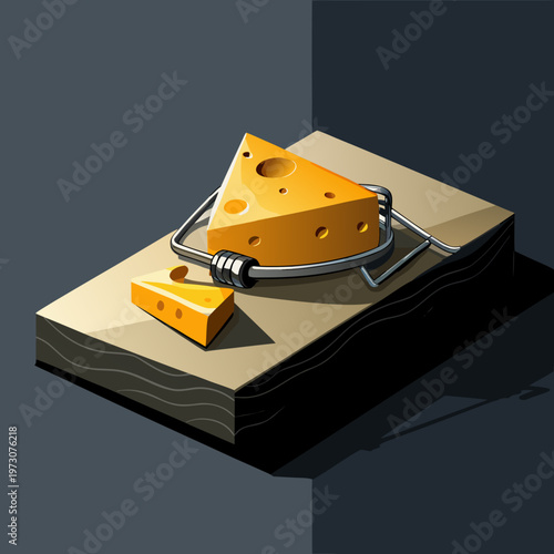 An isolated old metal mousetrap with cheese rests on a white surface as a black tool for work equipment