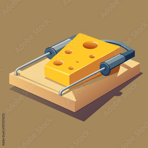 A 3d illustration of a mouse approaching a wooden trap with cheese bait, representing a business risk or incentive concept with metal equipment isolated on a yellow background