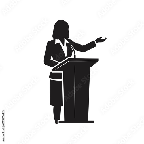 Businesswoman giving a presentation at a podium.