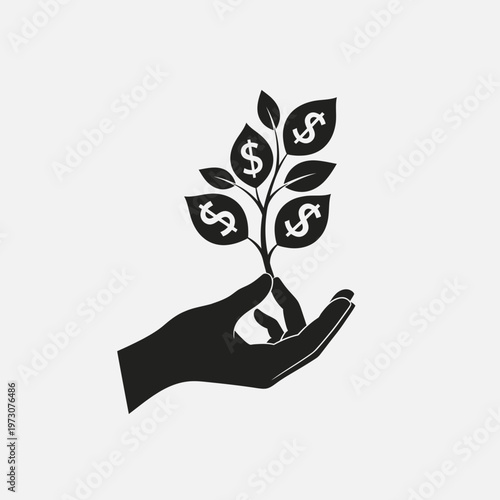 A hand holding a plant with dollar sign leaves symbolizing financial growth.