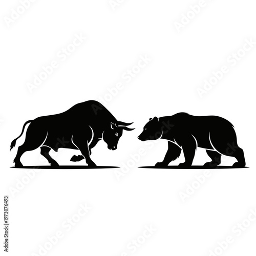 Black bull and bear silhouettes facing each other.