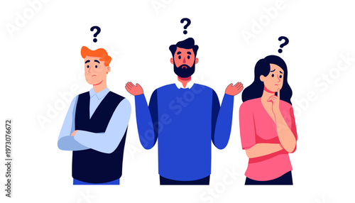 Group of confused people with question marks above their heads searching for answers illustration