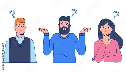 Group of confused diverse people with question marks above heads shrugging and thinking illustration