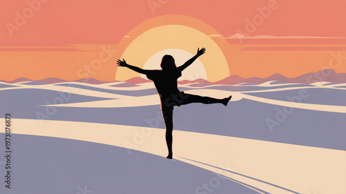 Woman practicing yoga on a serene desert dune at sunset with arms outstretched and one leg raised in a peaceful landscape
