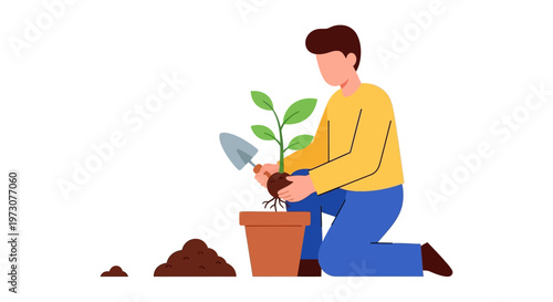 A man diligently plants a small green seedling into a terracotta pot with a trowel, engaging in a peaceful gardening hobby and nurturing new growth, symbolizing care for nature and the environment