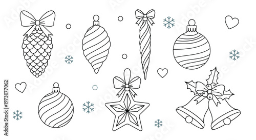 Collection of Christmas tree ornaments in outline style including a pinecone, star, bells, and decorative glass baubles.