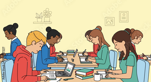 Diverse students studying together in a bright classroom, focus on learning and collaboration