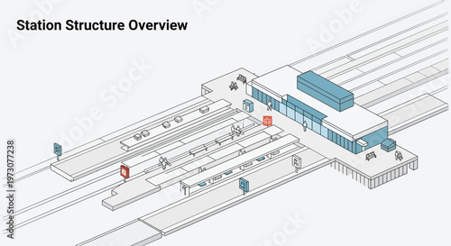 Isometric Station Structure Overview with Platforms, Tracks, and Building