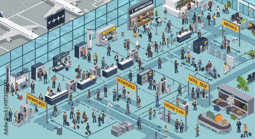Busy Airport Terminal Isometric View: Passengers, Security, Check-in, and Baggage Claim