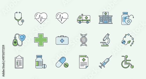 Medical Healthcare Icons Set: Stethoscope, Heartbeat, Ambulance, Hospital, DNA, Microscope, Pills