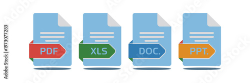 File Type Icons Set, Document Format Symbols Collection, PDF, DOC, XLS, PPT File Icons for UI UX Design, Website and Mobile App Elements, Download PDF Button, Clean Vector Illustration