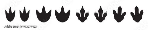 Black Silhouette Set of Raptor Dinosaur or Bird Claw Footprints in Various Styles and Shapes Isolated Animal footprints silhouette vector set, dinosaur, paw, and hoof tracks, vector illustration.