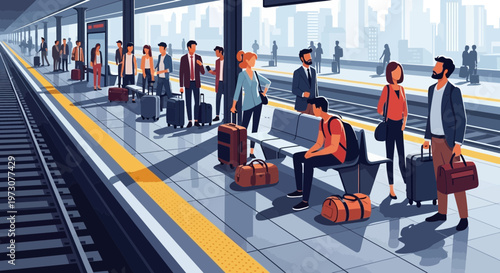 Diverse commuters waiting for train at modern urban station, travel concept