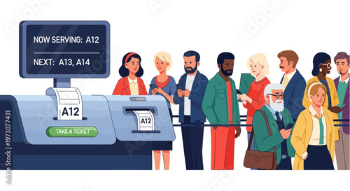 Diverse people queuing for service at a ticket dispenser and display screen