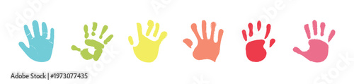  Multicoloure prints of hands on a white background. Colored children's handprint. Bright handprints. Symbol of friendliness. Hand paint print set for holy and for more isolated, vector illustration.