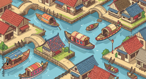 Isometric Pixel Art Village with Boats on Canals, Rivers, and Bridges