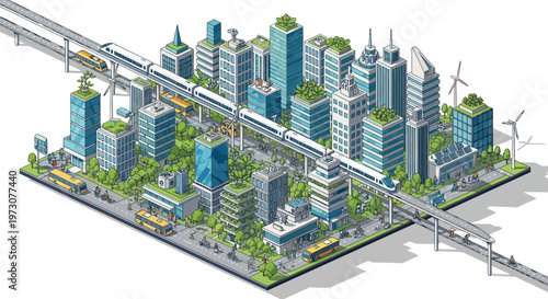 Isometric Smart City with Green Buildings, Train, and Wind Turbines